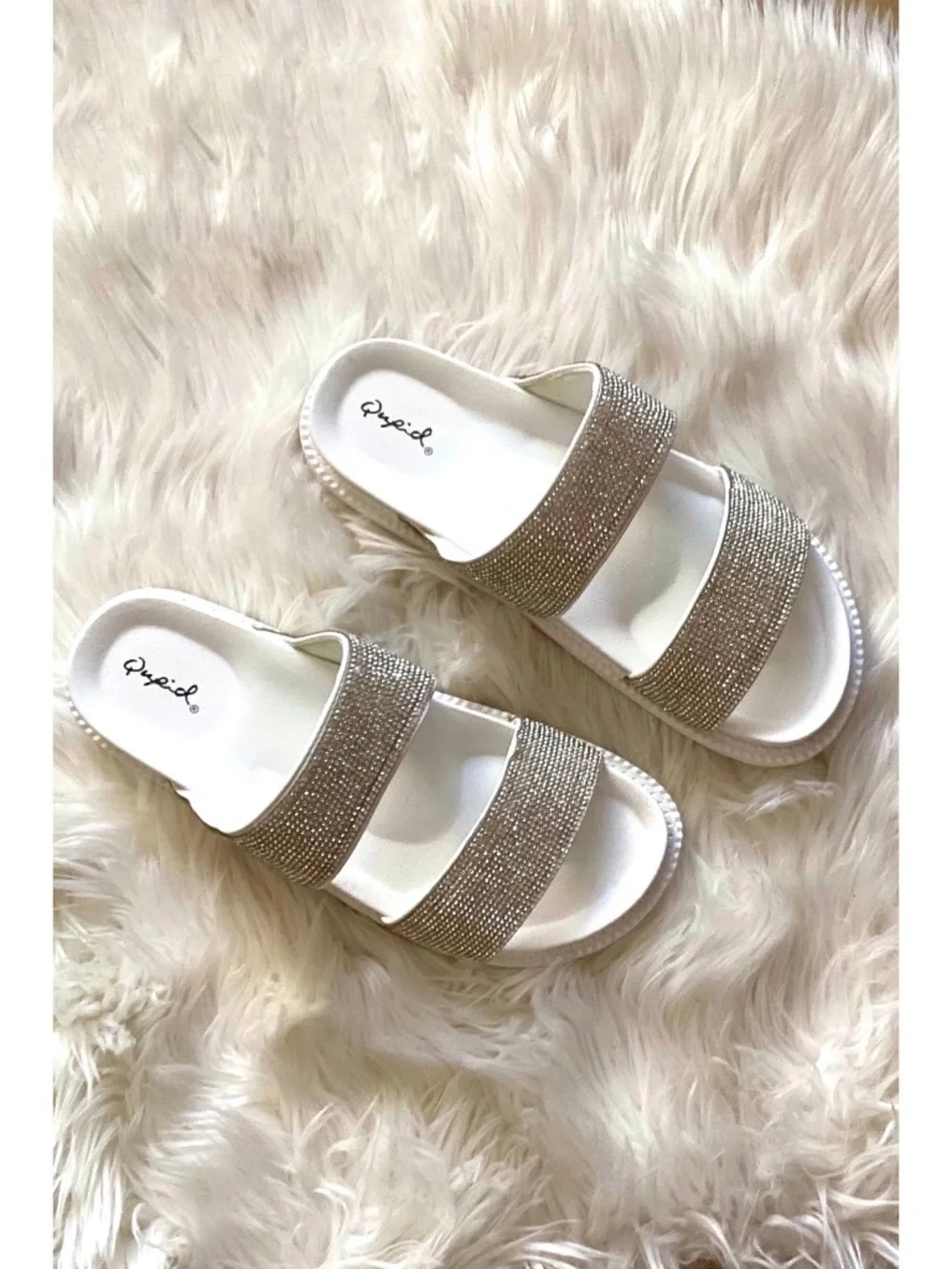 Qupid White Rhinestone Double Strap Sparkly Slide Sandals | Slip On Beach Shoes